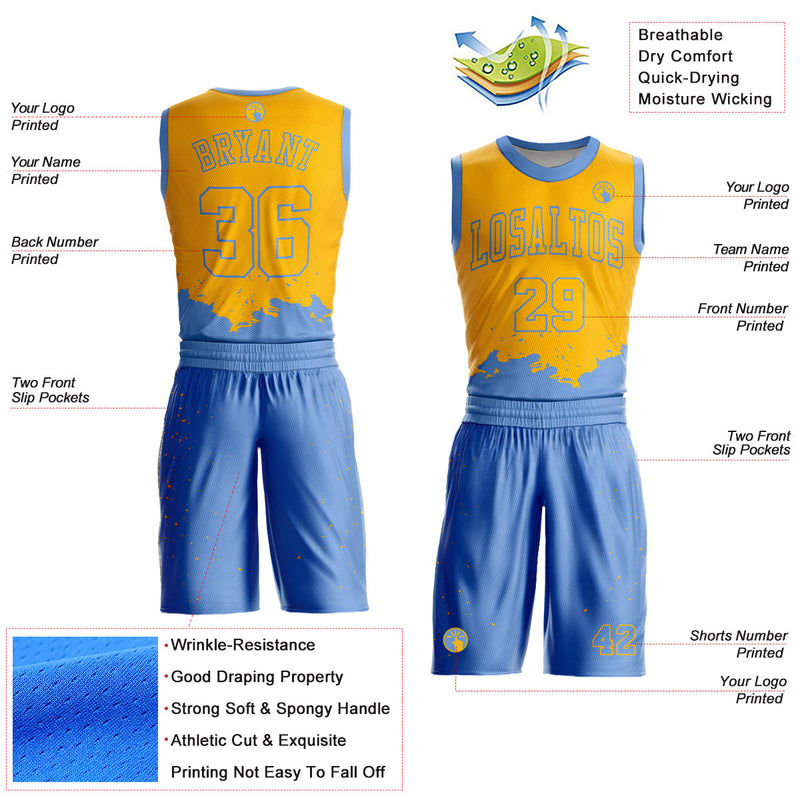 Custom Yellow Light Blue Color Splash Round Neck Sublimation Basketball Suit Jersey