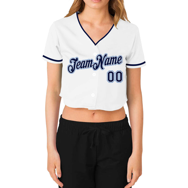 Custom Women's White Navy-Light Blue V-Neck Cropped Baseball Jersey