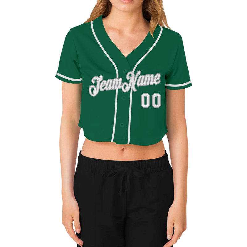 Custom Women's Kelly Green White-Gray V-Neck Cropped Baseball Jersey