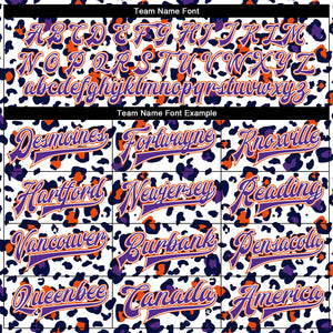 Custom White Purple-Orange Leopard Print 3D Pattern Design Bomber Full-Snap Varsity Letterman Jacket